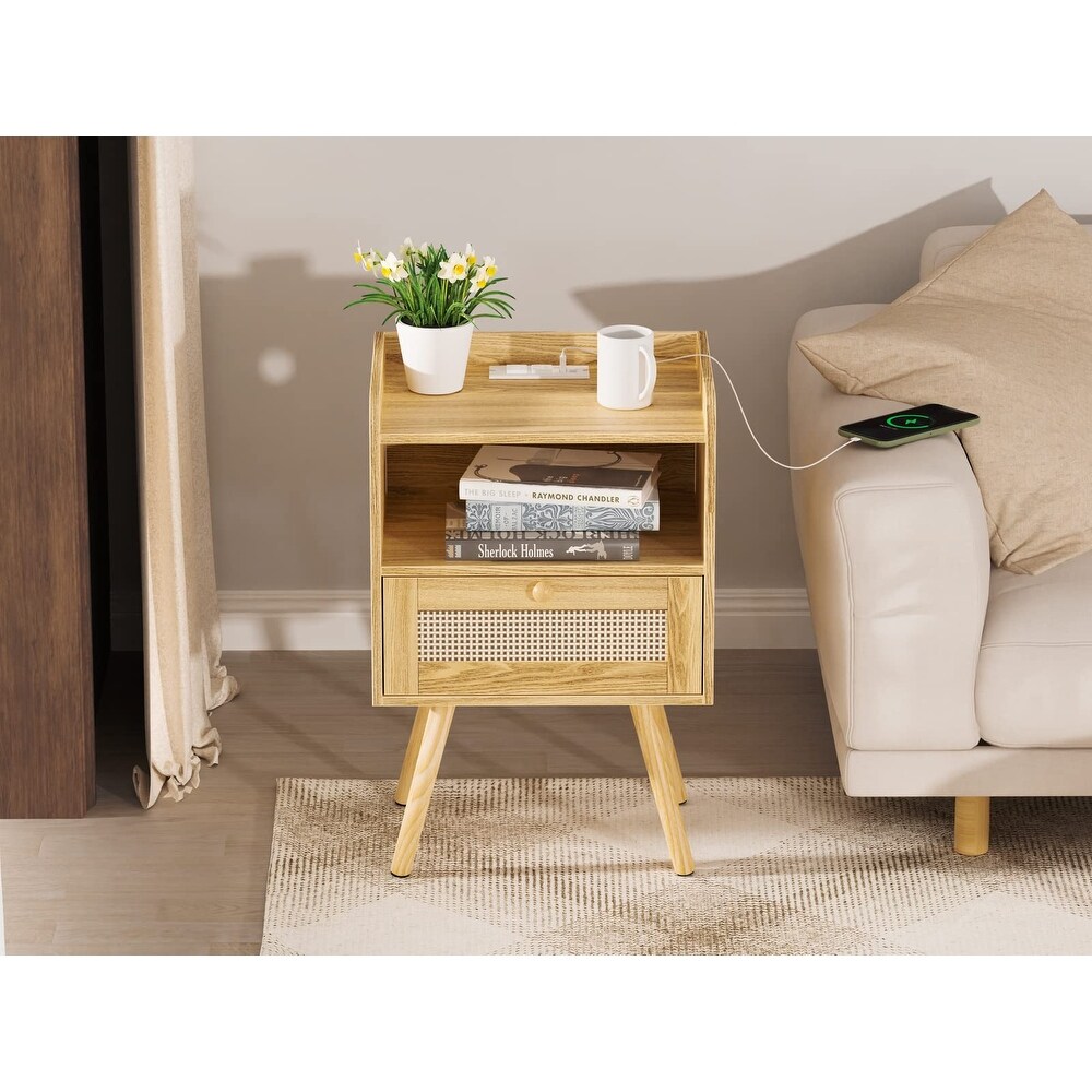 Nightstand with Charging Station   Rattan Like Decor Drawer  Rattan End Table with Solid Wood Feet  Bed Side Table