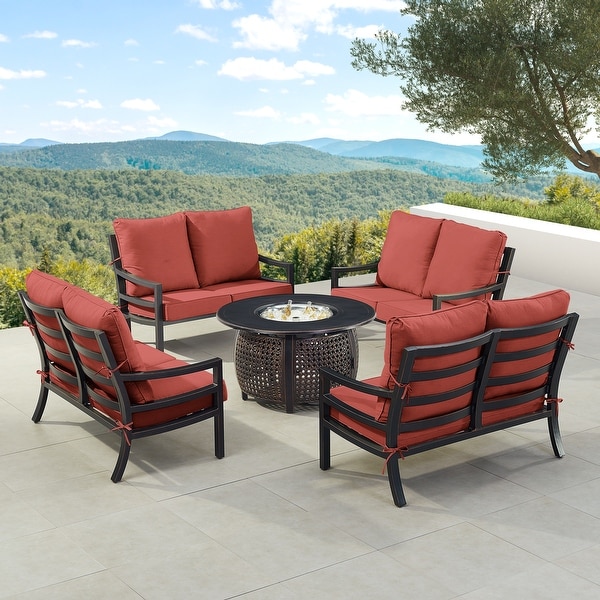 Black Aluminum Fire Table Set with Four Deep Seating Loveseat with Cushions