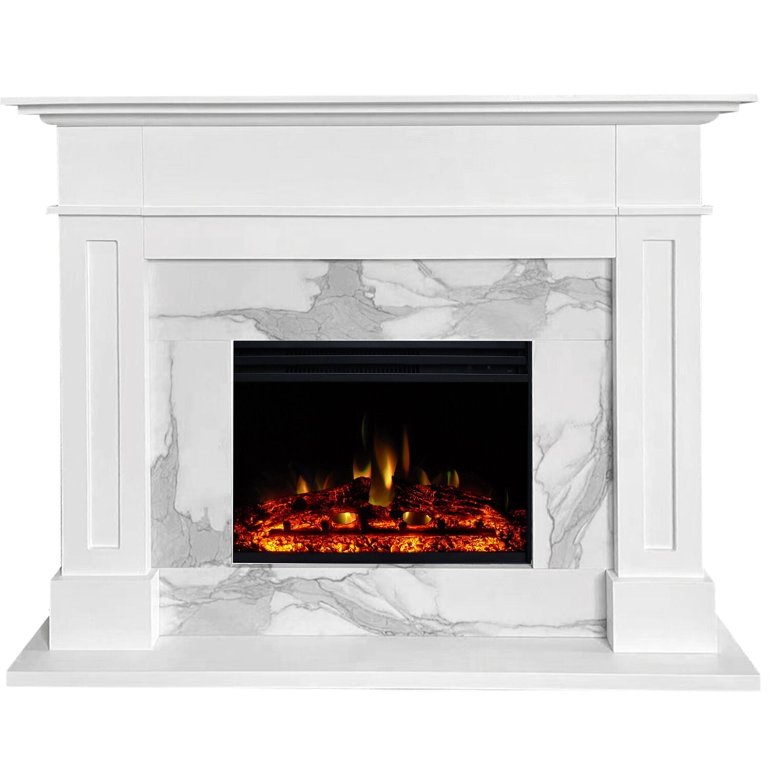 Sofia Cambridge 57-In. Modern Electric Fireplace Mantel with LED Multi-Color Faux Charred Log Display Insert | White Faux Marble | Heating for Living Room, Dining Room, Bedrooms up to 210 Sq.Ft.