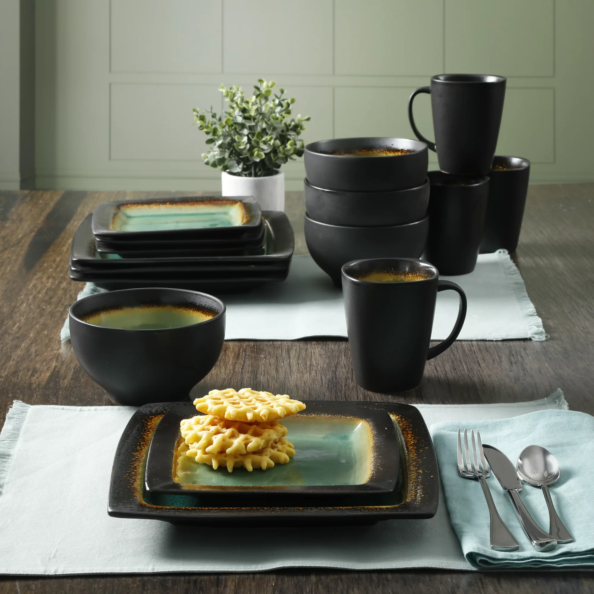 Gibson Home Ocean Oasis 16-Piece Dinnerware Set， Turquoise