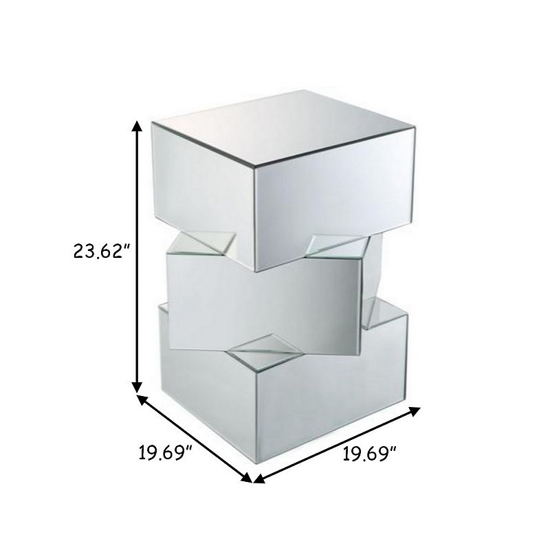 Mirror and Glass End Table with Unique Geometrical Base Design， Silver