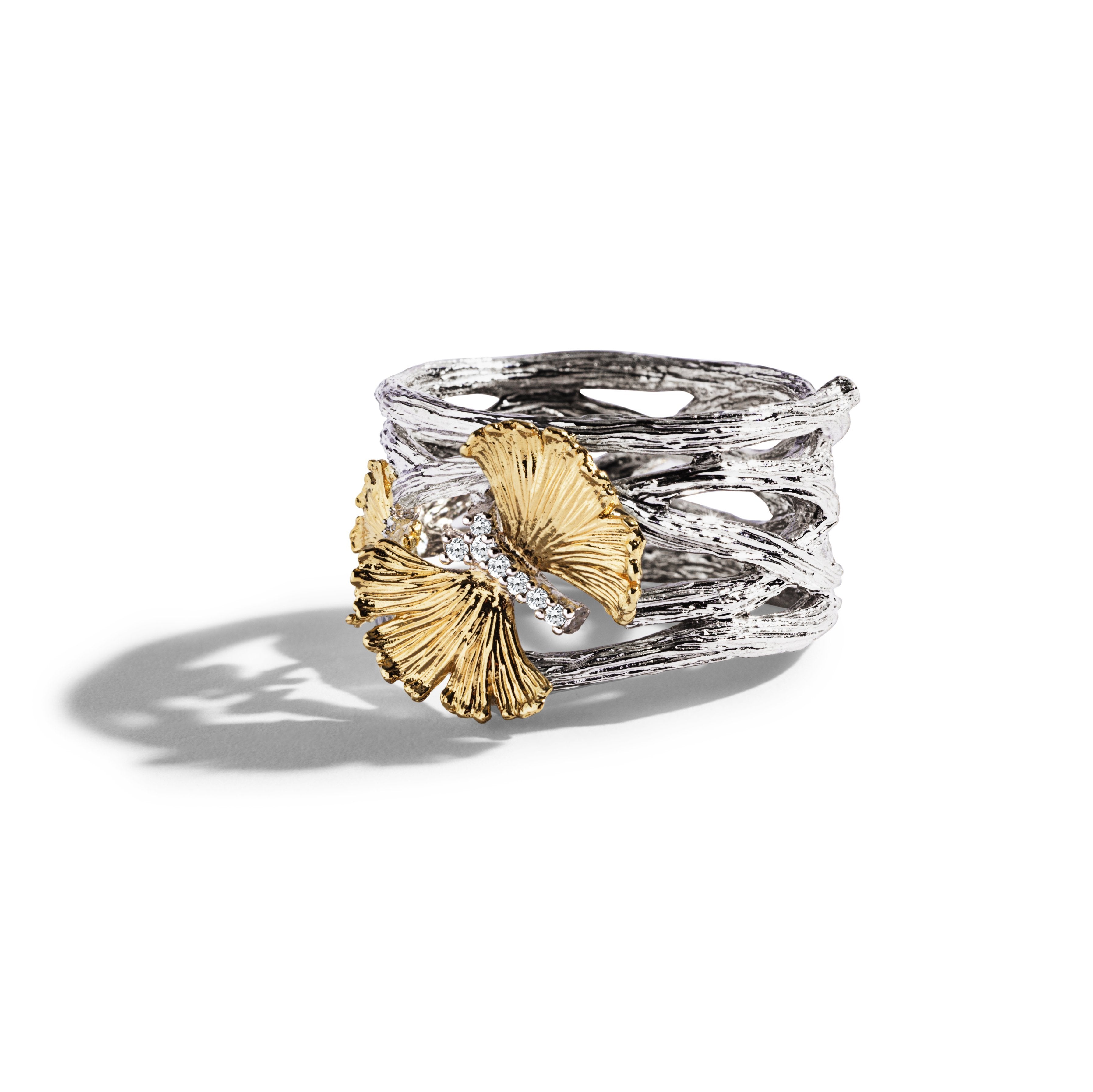 Butterfly Ginkgo Cuff Ring with Diamonds