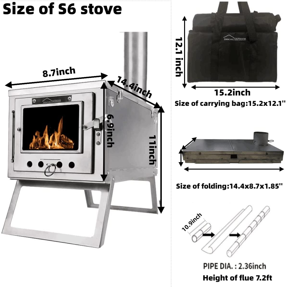 DANCHEL S6 Stainless Steel Portable Tent Stove Folding Wood Stoves with 7.2ft Pipe for Outdoor Camping Cooking Warming