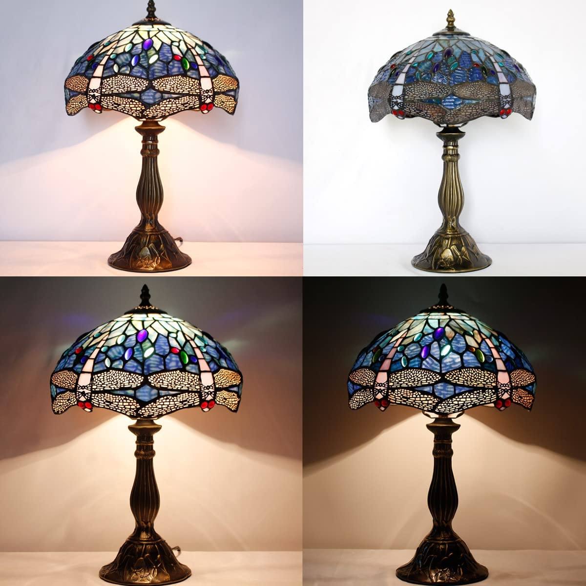 SHADY Tiffany Table Lamp Blue Stained Glass Dragonfly Style Desk Bedside Reading Light 12X12X18 Inches Decor Bedroom Living Room Home Office S631 Series