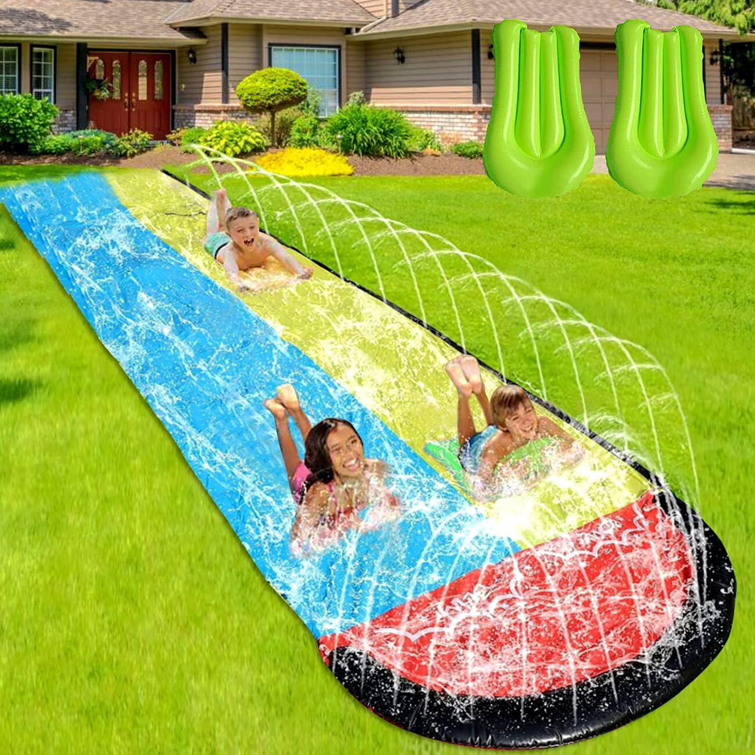 Slip and Slide Water Slide for Kids and Adults -16FT Long Giant Adult Slip and Slide for Outside with 2 Surfboards, Build in Splash Sprinklers, Water Slide for Backyard Outdoor Kids Toys Games