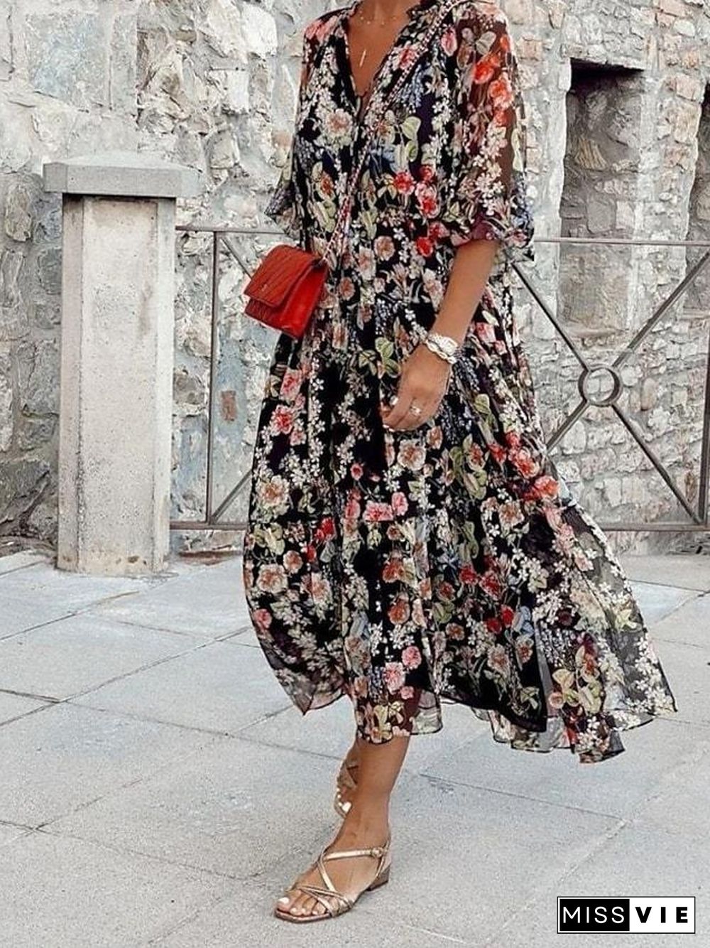 Women's Loose Midi Dress Half Sleeve Floral / Botanical Spring Summer V Neck Vacation Boho Holiday Loose  S M L XL XXL