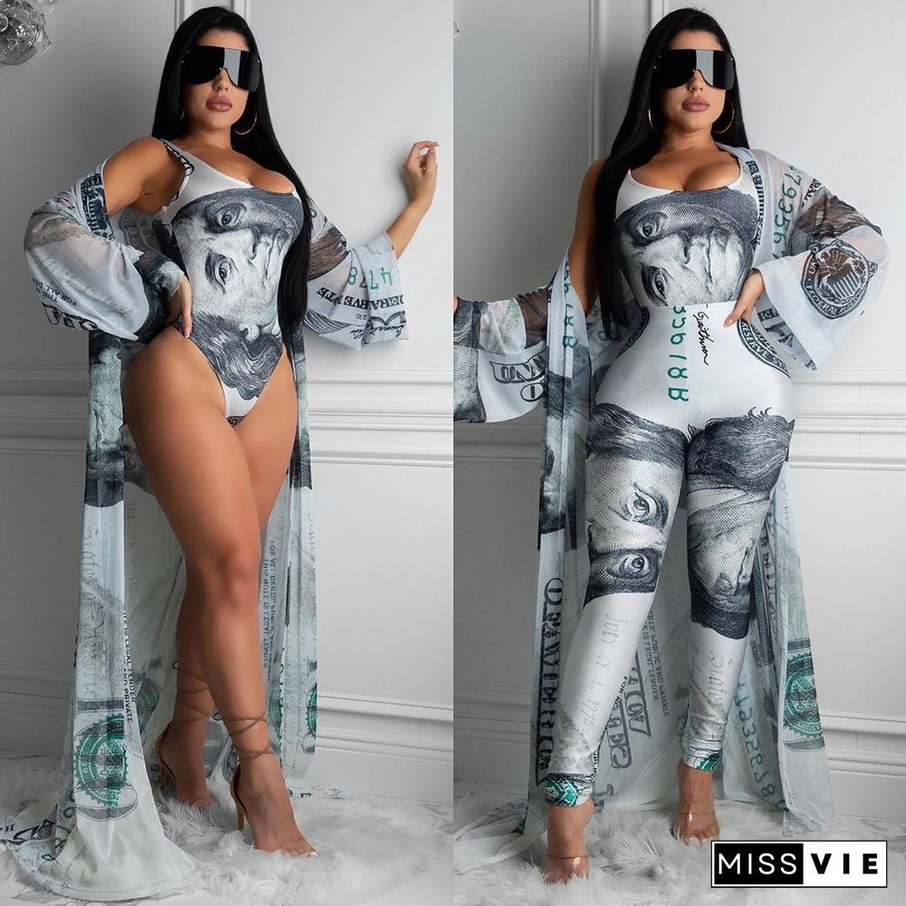 Dollar Printed Long Blazer Pants Bodycon Club Three Piece Outfits