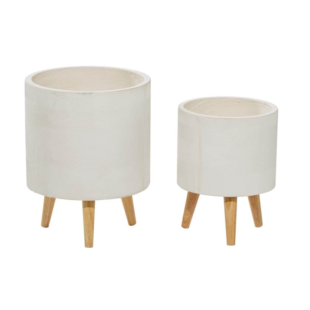 Litton Lane 16in. Medium White Ceramic Indoor Outdoor Planter with Wood Legs (2- Pack) 46492