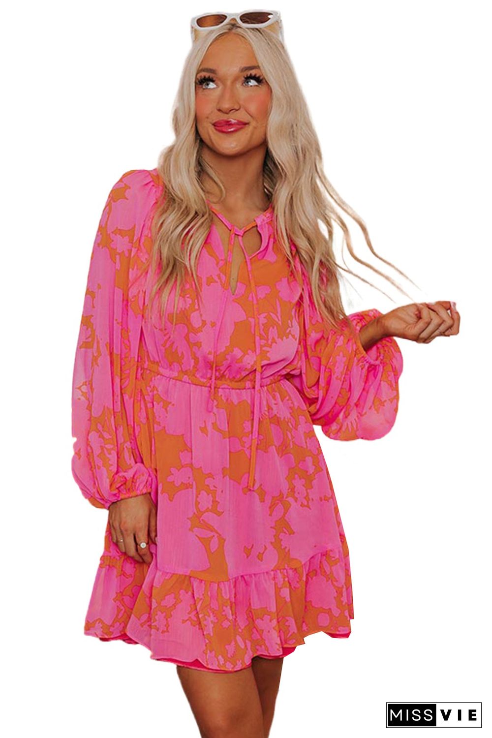 Rose Abstract Printed Puff Sleeve Ruffle Flowy Dress