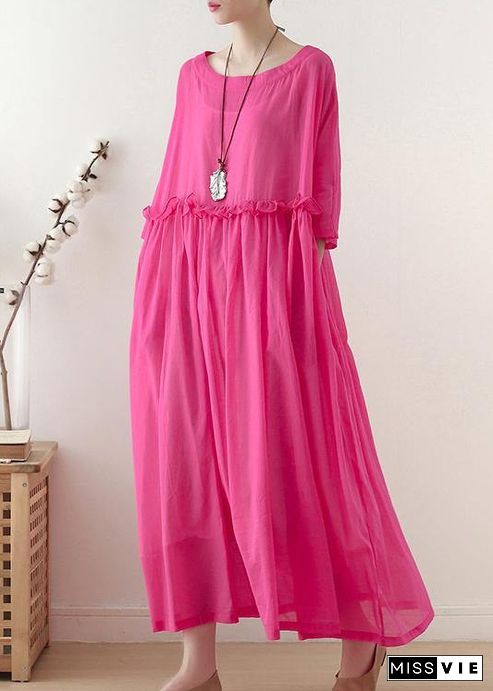 Casual Rose O-Neck Ruffled Long Dress Summer Chiffon Dress