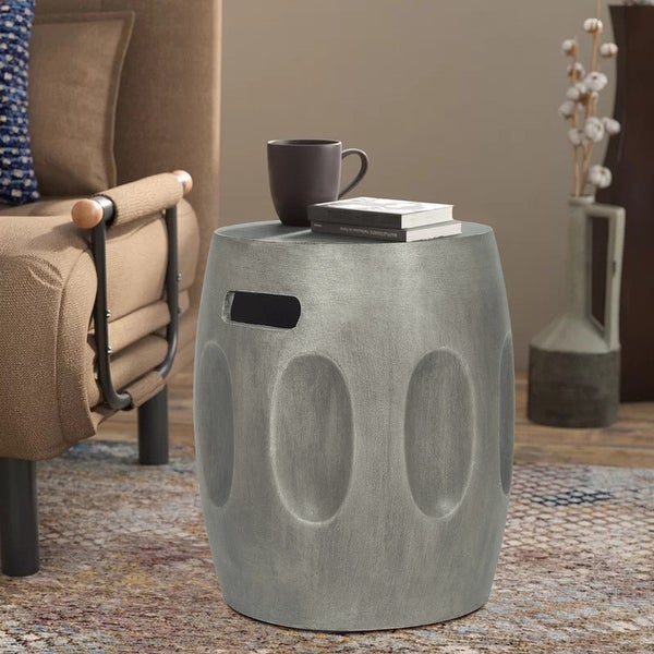 Adeco Concrete End Table with Handles Round Drum-Shaped Side Table