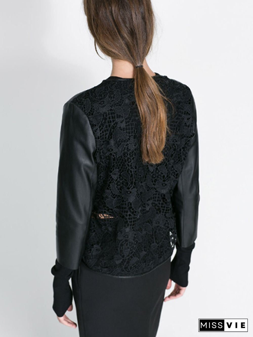 Back Hollow Out Lace PU Leather Black Jacket Coat