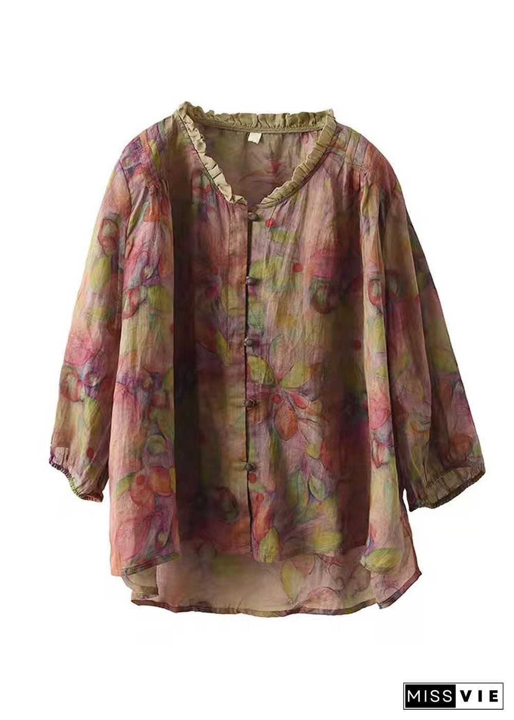 Plus Size Pink V Neck Ruffled Print Linen Blouse Top Half Sleeve