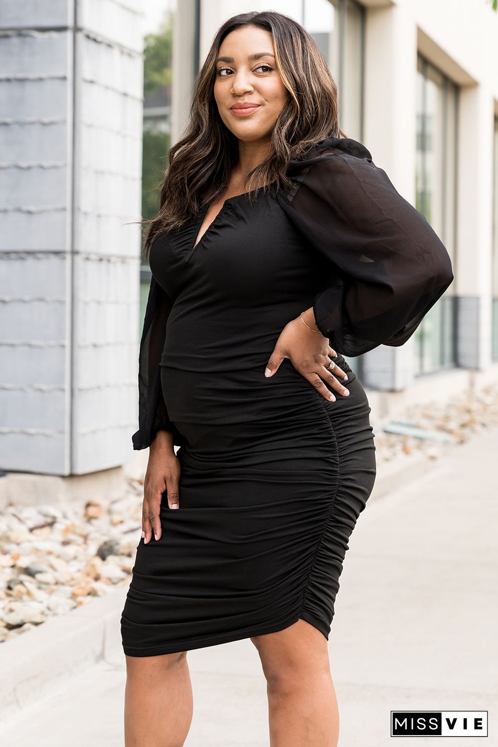 Black Plus Size Puffy Sleeve Ruched Bodycon Dress