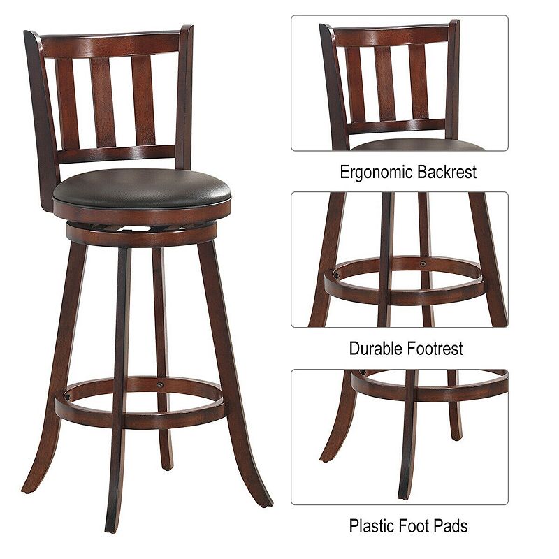 2 Pieces 360 Degree Swivel Wooden Counter Height Bar Stool Set With Cushioned Seat