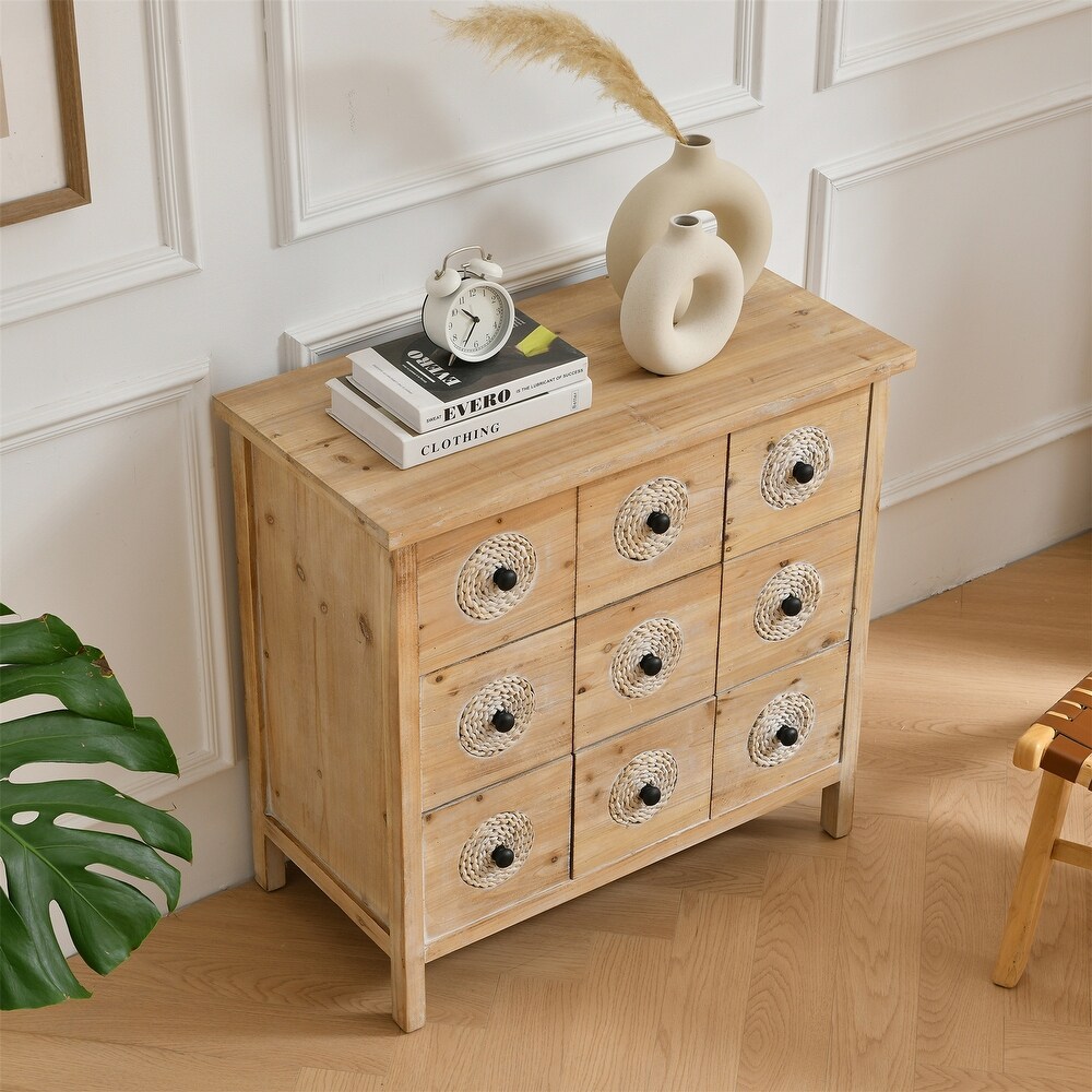 Storage Cabinet Rattan Retro Wooden Apothecary Chest with 9 Drawers