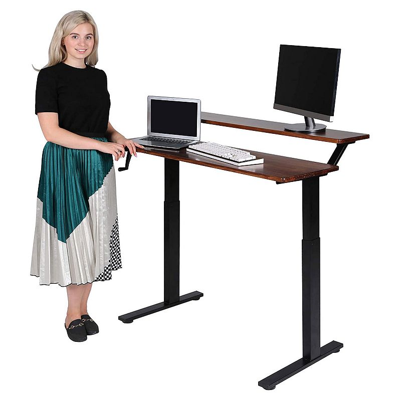 SDADI Adjustable Height Steel Frame 2 Tier Standing Desk w/ Crank， Light Grain