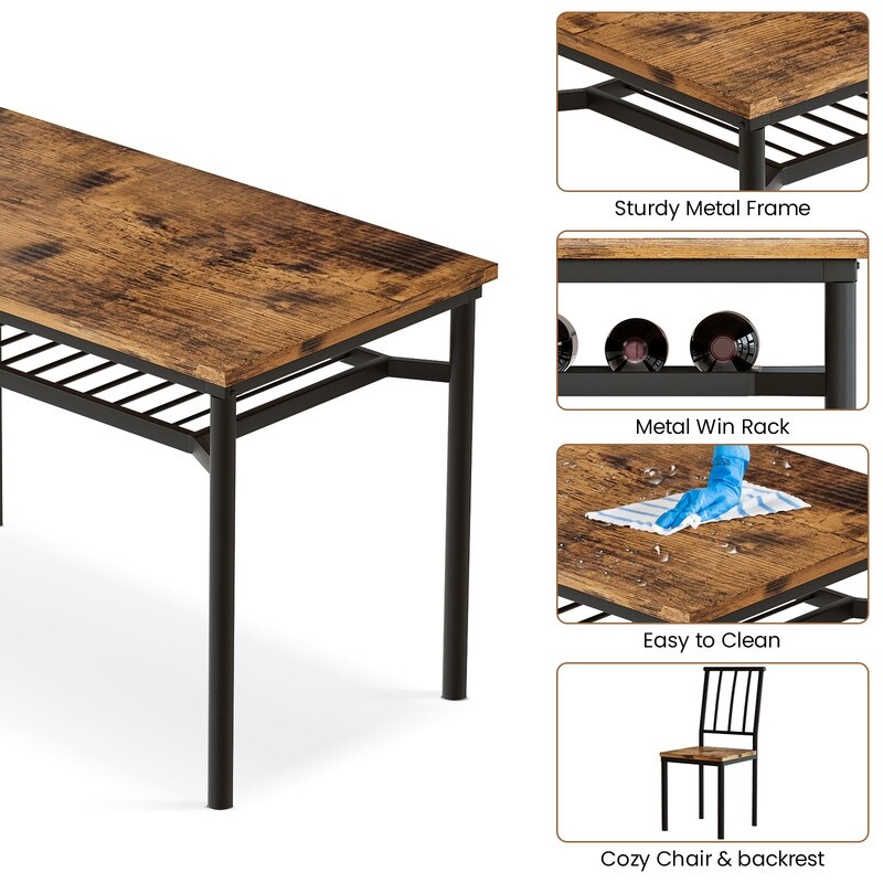 Modern Industrial Dining Table Set for 4  5 Piece Wood Kitchen Table and Chairs  Dining Room Table Set with Storage Rack