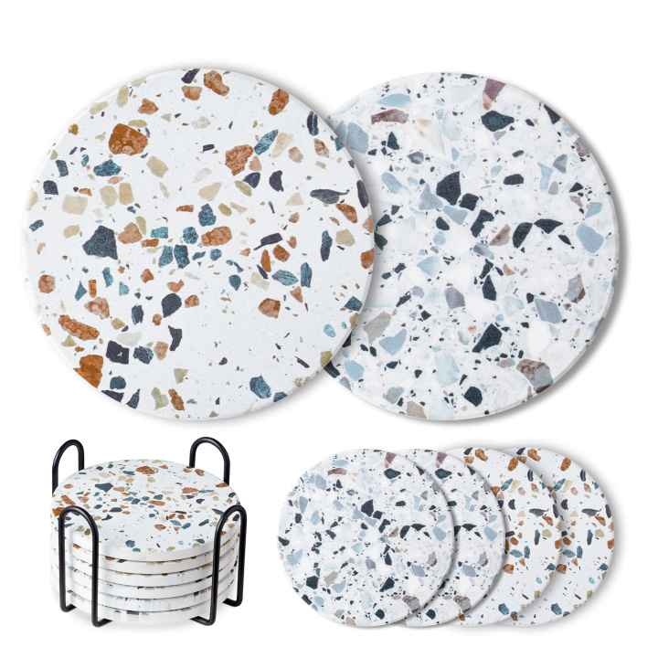 LIFVER Coasters for Drinks， Absorbent Coasters with Holder Set of 6， Avoid Furniture Being Scratched and Soiled， Housewarming Gift for Home Decor， 4 inches -2 Terrazzo Pattern