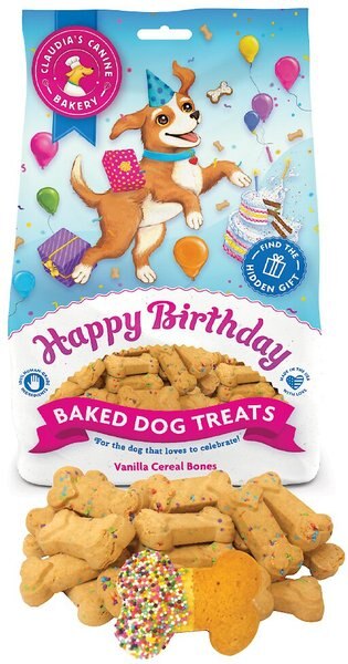 Claudia's Canine Bakery Happy Birthday Vanilla Cereal Bone Baked Dog Treats， 8-oz bag