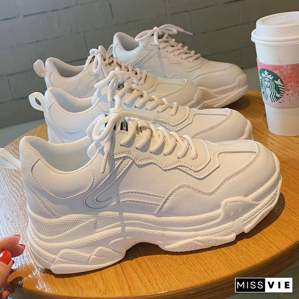 White Women Shoes New Chunky Sneakers For Women Lace-Up White Vulcanize Shoes Casual Fashion Dad Shoes Platform Sneakers Basket