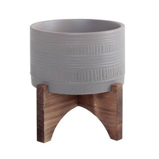 Flora Bunda Mid-Century 5 in. Matte Grey Pueblo Ceramic Pot with Wood Stand Planter CT503E-MTGY