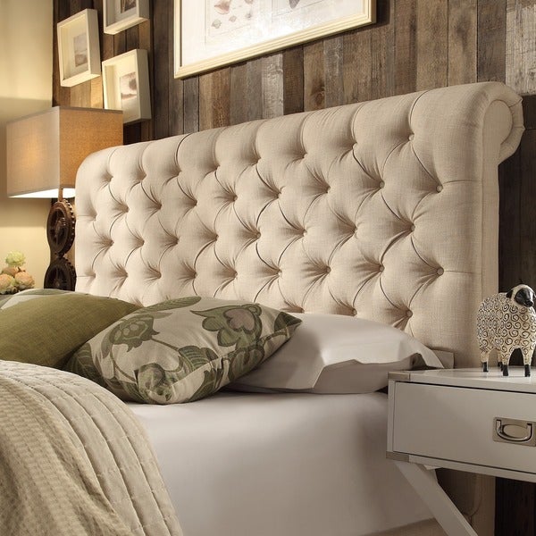 Knightsbridge Beige Linen Rolled Top Tufted Chesterfield Headboard by iNSPIRE Q Artisan - - 9931739