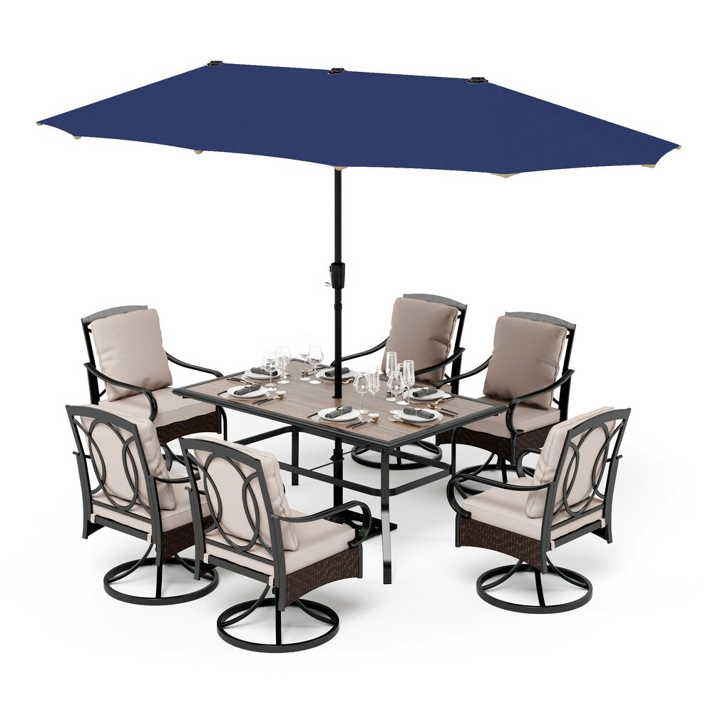 7/8 Piece Patio Dining Set of 6 Swivel Steel Rattan Chairs with Deep seating and Back Cushions 1 Wood like Table Top