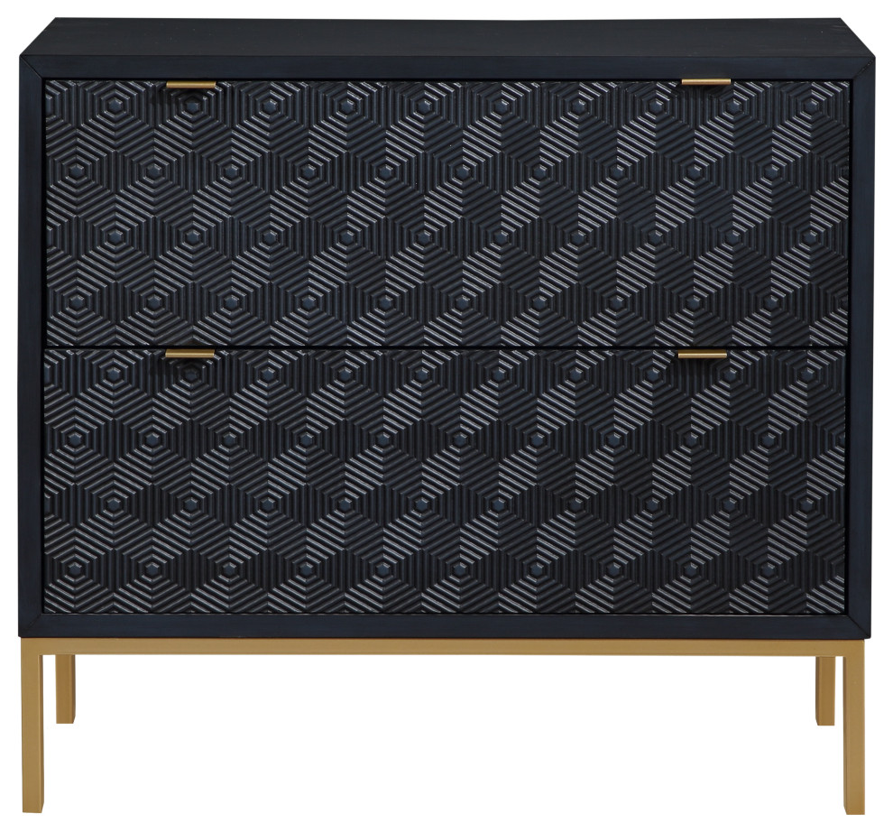 Tessa 2 Drawer Storage Accent Chest With Raised Geometric Pattern Black and Gold   Contemporary   Accent Chests And Cabinets   by Coast to Coast Imports  LLC  Houzz