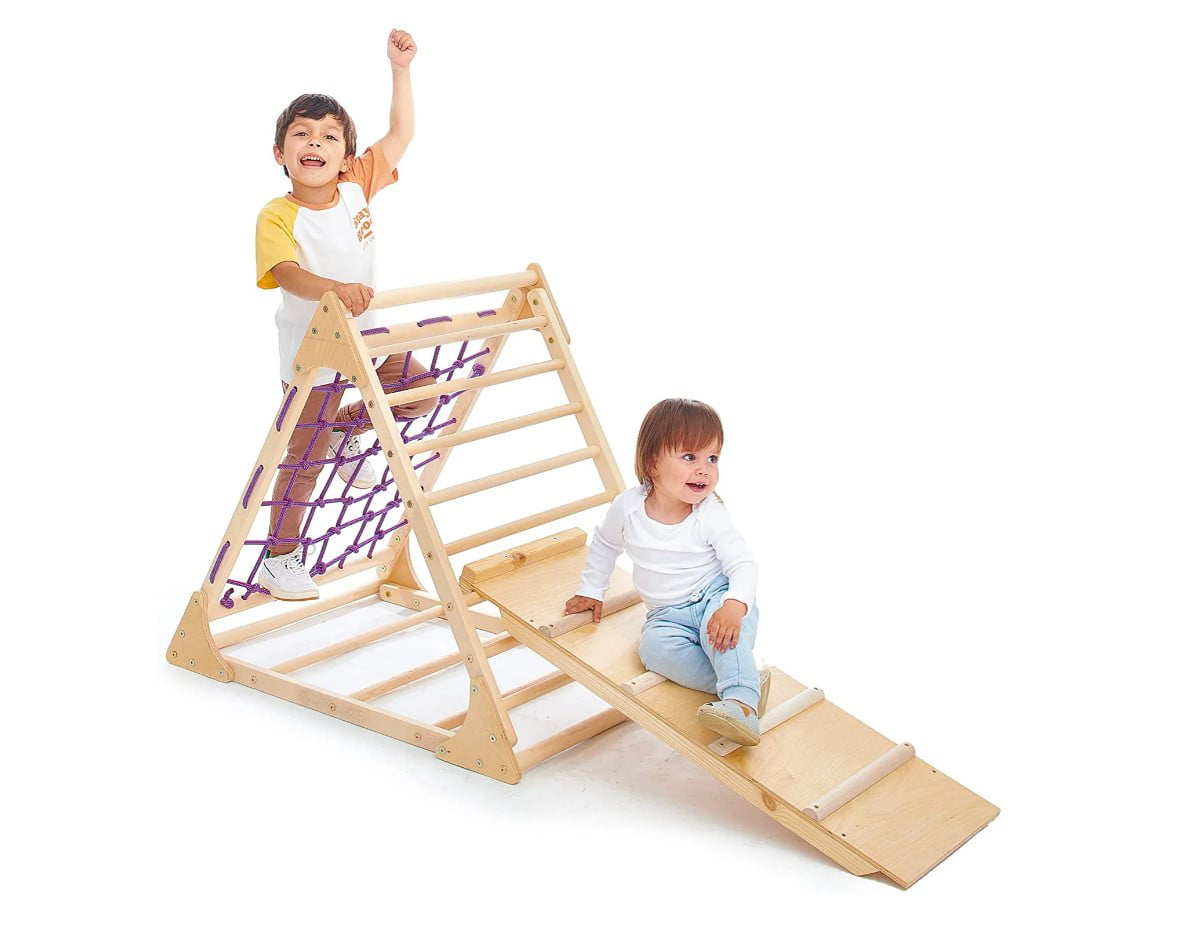 WEDANTA Climbing Toys for Toddlers 4 in 1 - Triangle Climber with Ramp - Baby Climber - Wooden Toddler Climbing Set 4 in 1 - Toddler Climbing Toys Indoor - Climbing Triangle Kids - Pyramida