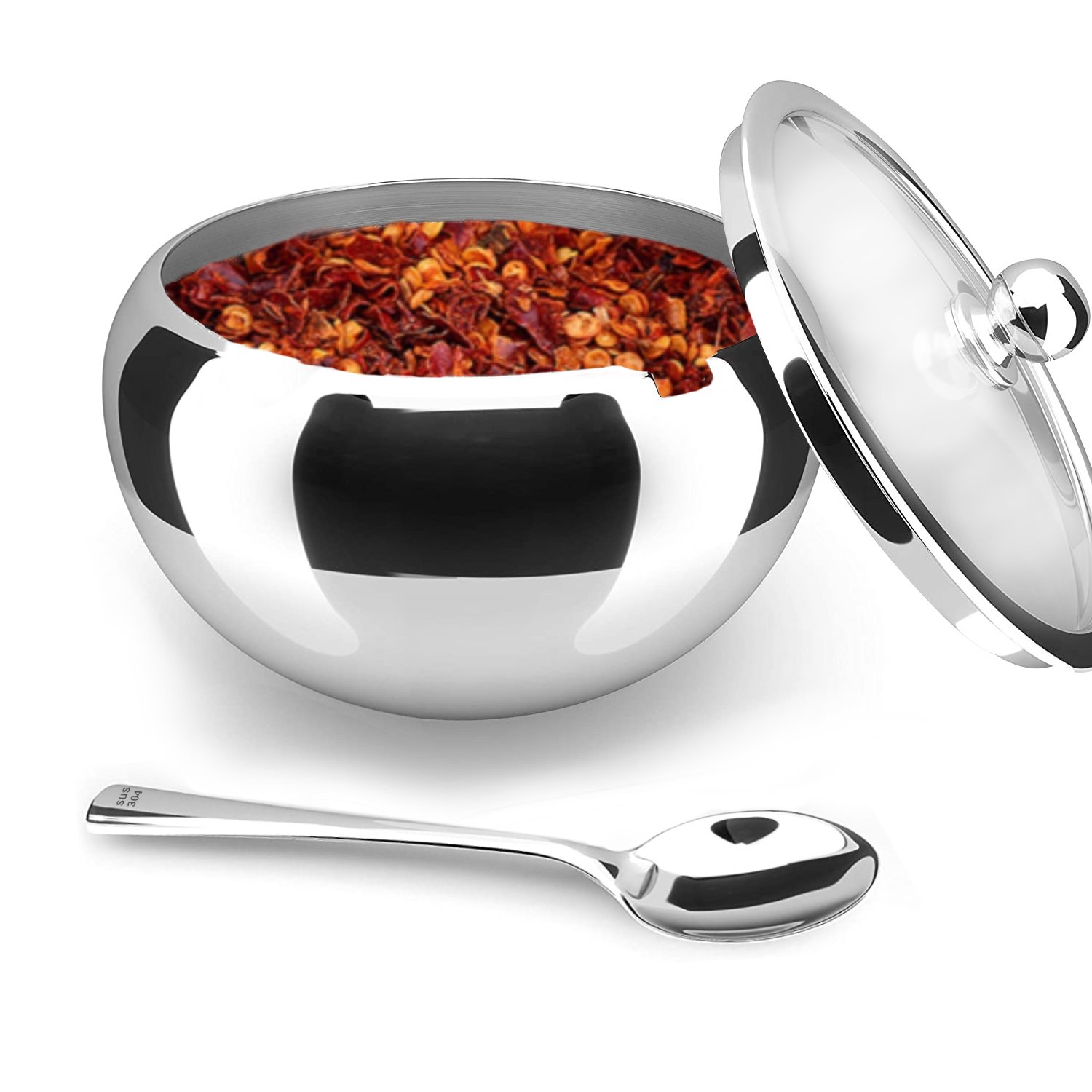 Large Sugar Bowl， Stainless Steel With Glass Lid， Includes Stainless Steel Spoon， 16.9 oz