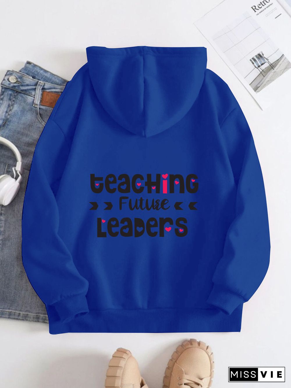 Printed on the Back Kangaroo Pocket Hoodie Long Sleeve for Women Pattern Teacher's Day greetings