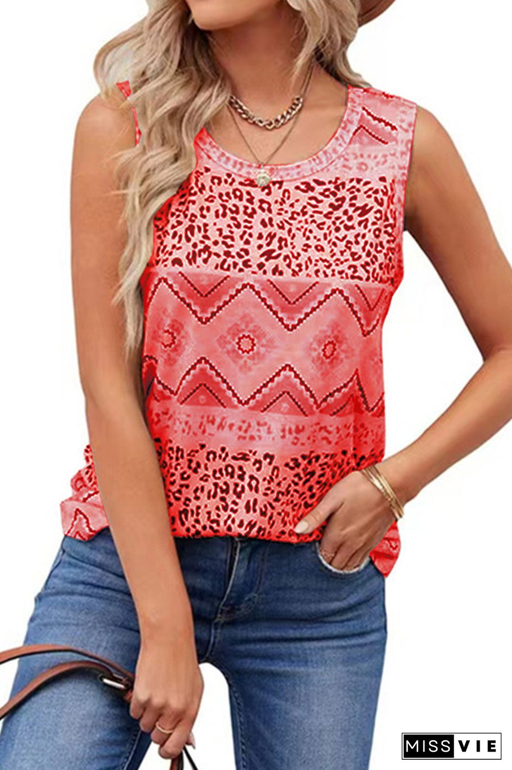 Leopard Splicing Aztec Printed Tank Top