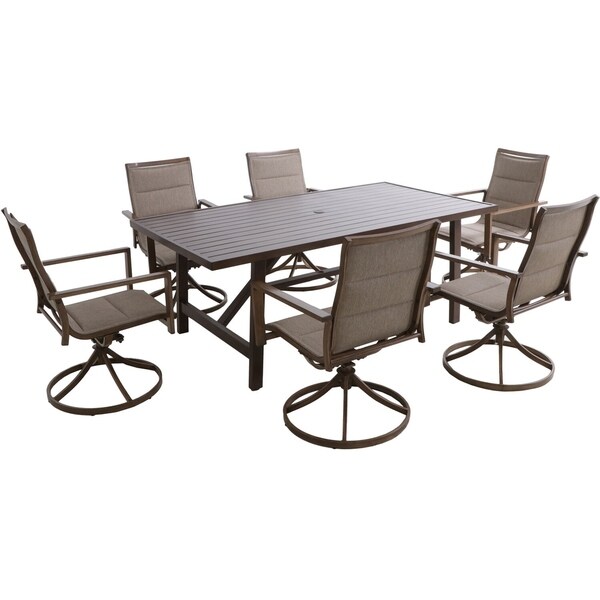 Hanover Fairhope 7Piece Outdoor Dining Set with 4 Sling Chairs，2 Sling Swivel Rockers and a 74In. x 40In. Trestle Table，Tan