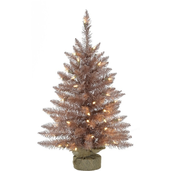 Fraser Hill Farm 3ft. Festive Tinsel Christmas Tree with Burlap Bag and Warm White LED Lights，Blush