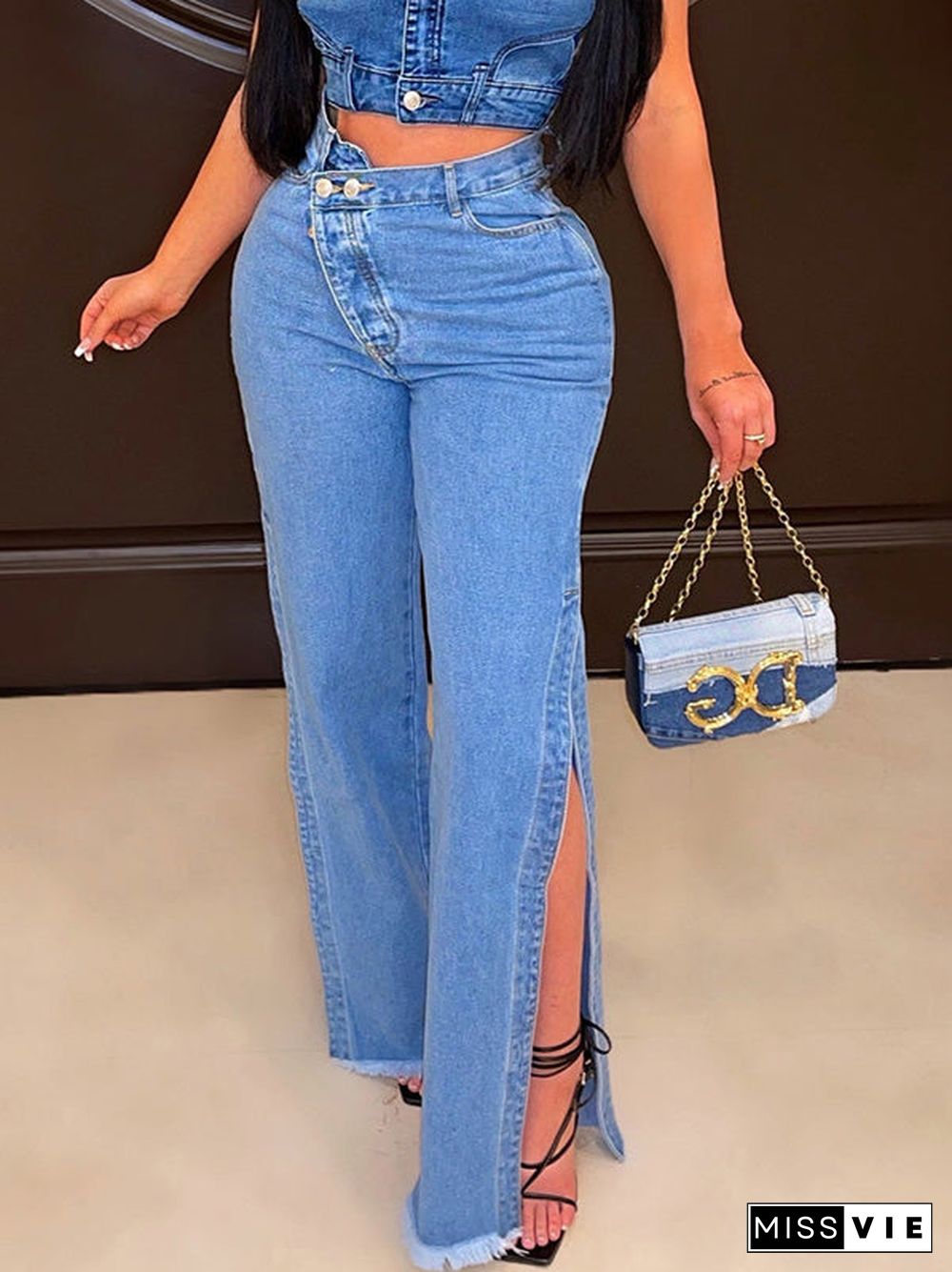 Women'S Jeans Irregular Button Stretch Slit Flare Jeans