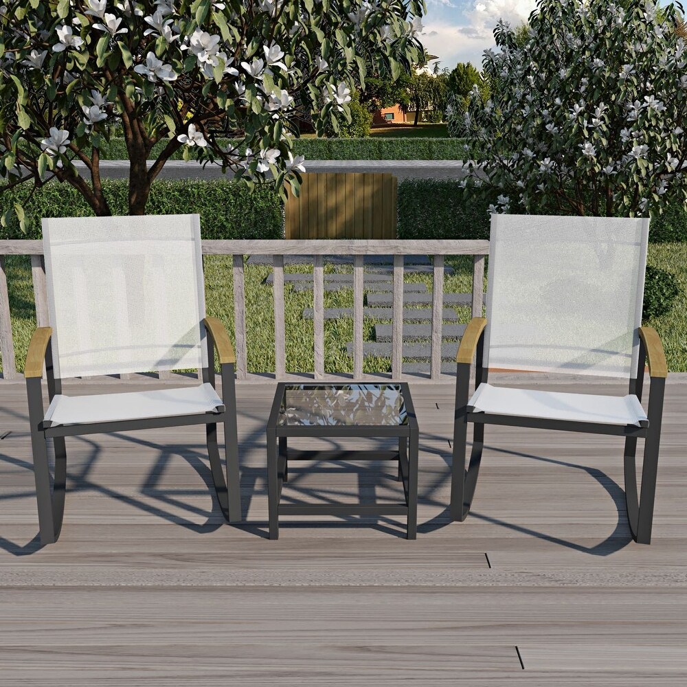 Outdoor 3 Piece Patio Furniture Sets Courtyard Rocking Chairs  Conversation Chair Sets with Coffee Table