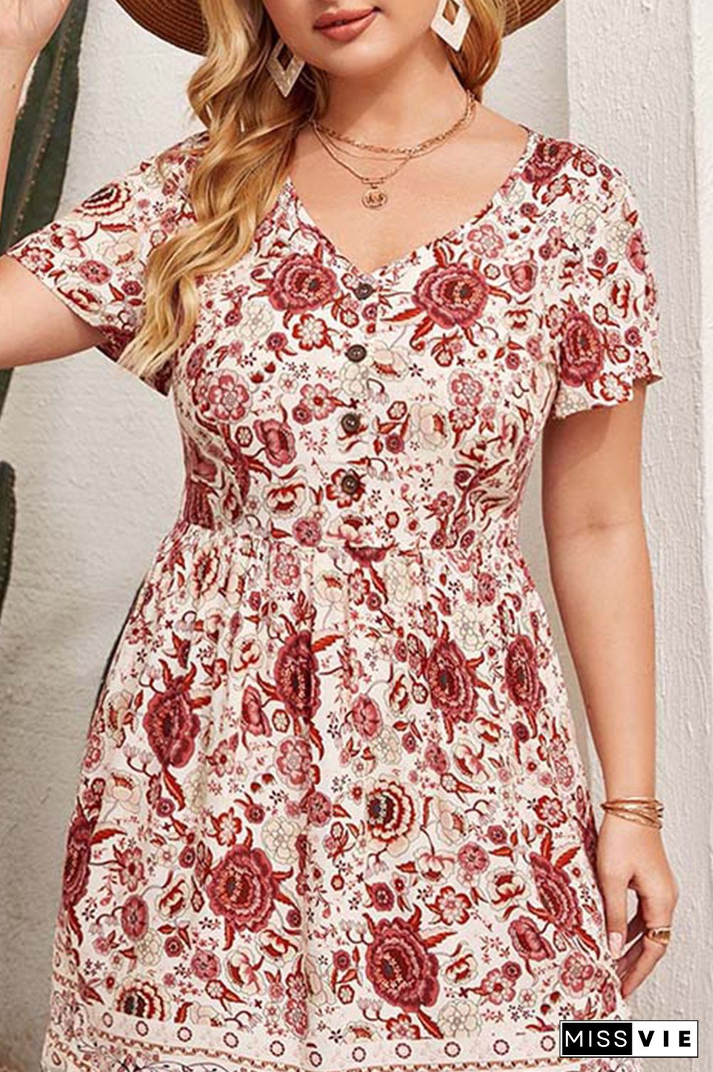 Button Down Floral Print Short Sleeves Plus Size Dress