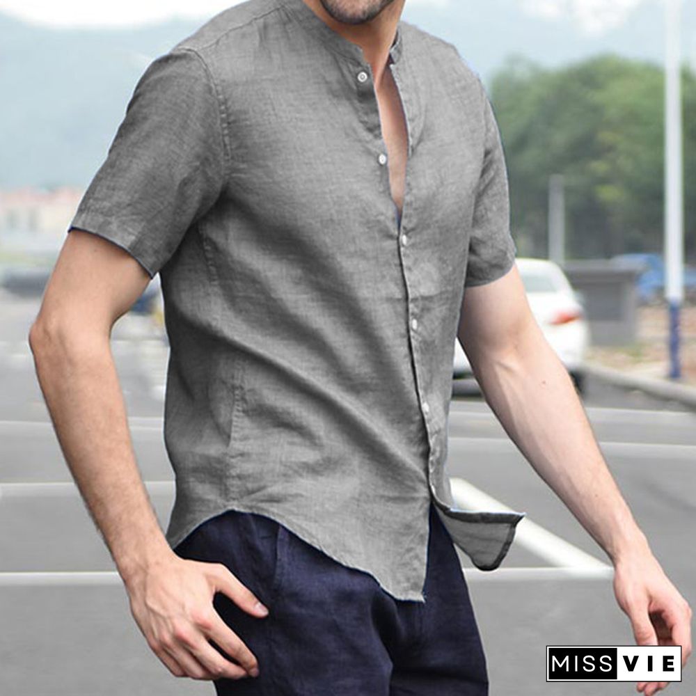 Short Sleeve Men Shirt Stand Collar Streetwear Tops Linen