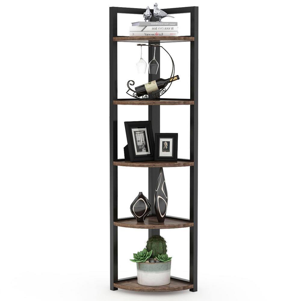 TRIBESIGNS WAY TO ORIGIN Charlie 59 in. Rustic Brown Wood and Black Metal Frame 5-Shelf Radial Corner Shelf Bookshelf Storage Rack Plant Stand HD-SFC0054