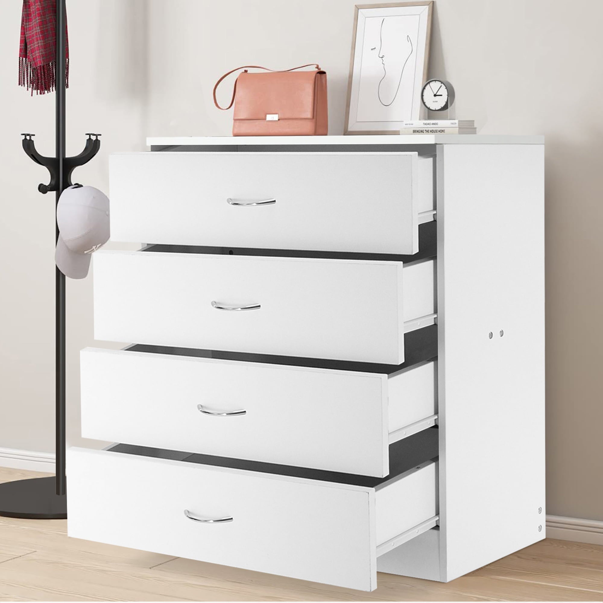 SYNGAR Modern White 4 Drawer Dresser, Small Wood Storage Cabinet with Easy Pull Handles, Dressers and Chests of Drawers, Organizer Unit for Bedroom, Living Room, Hallway, Closets, Nursery