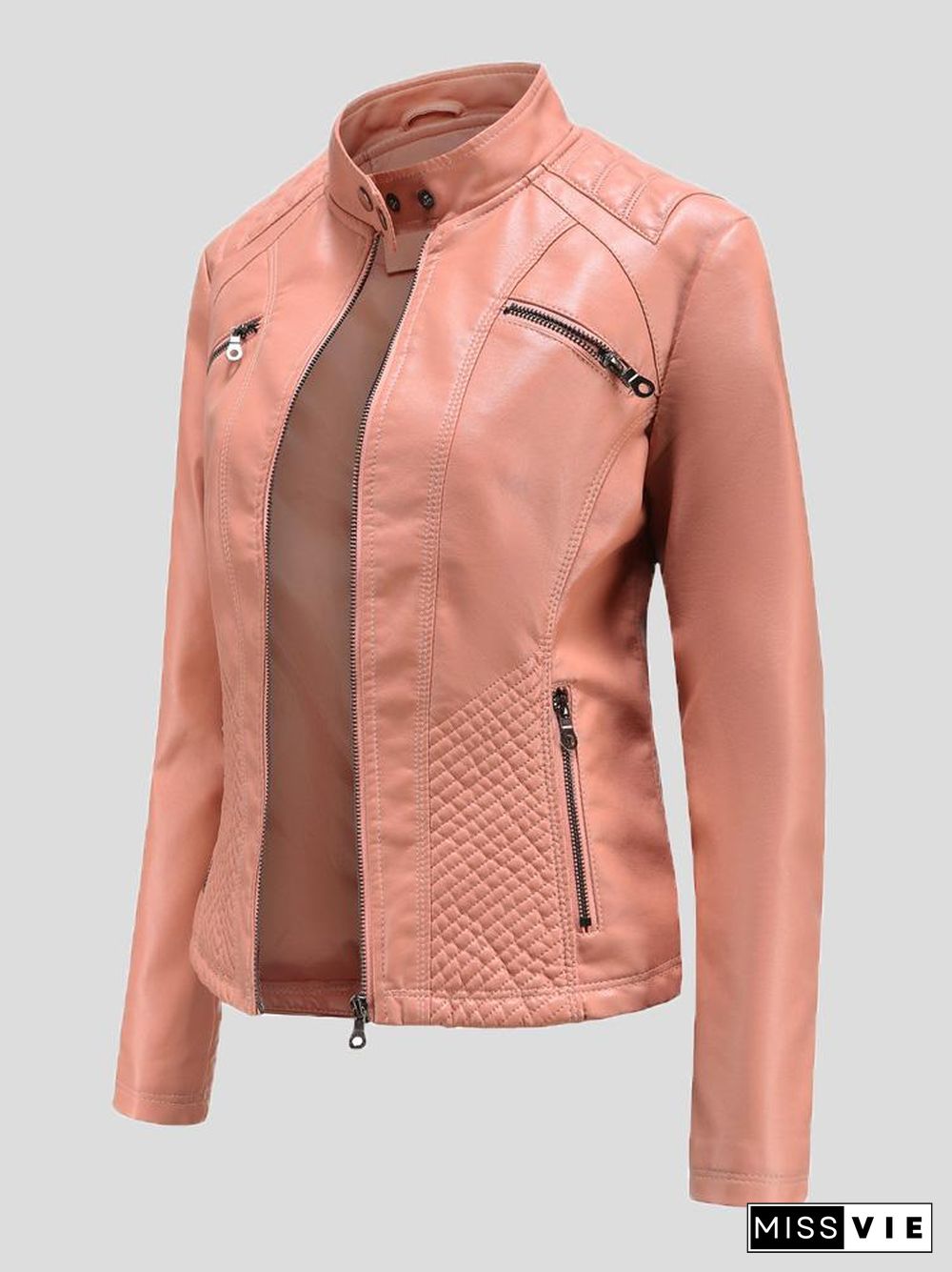 Women's Jackets Casual Stand-Collar Slim Solid Leather Jacket