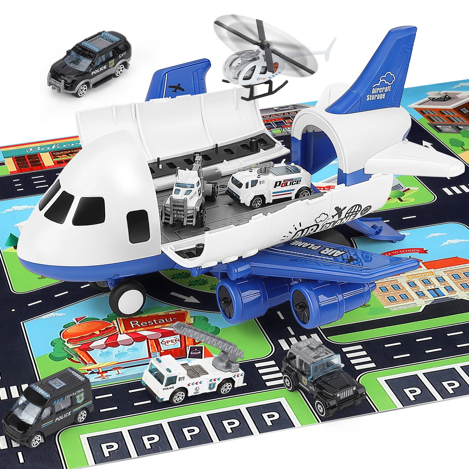 Airplane Toy Large Transport Cargo Plane STEM Toy Play Mat 7 Pieces Police Mini Toys Cars Helicopter for Kids Toddlers Child 2-6 Year Old Boys Gift