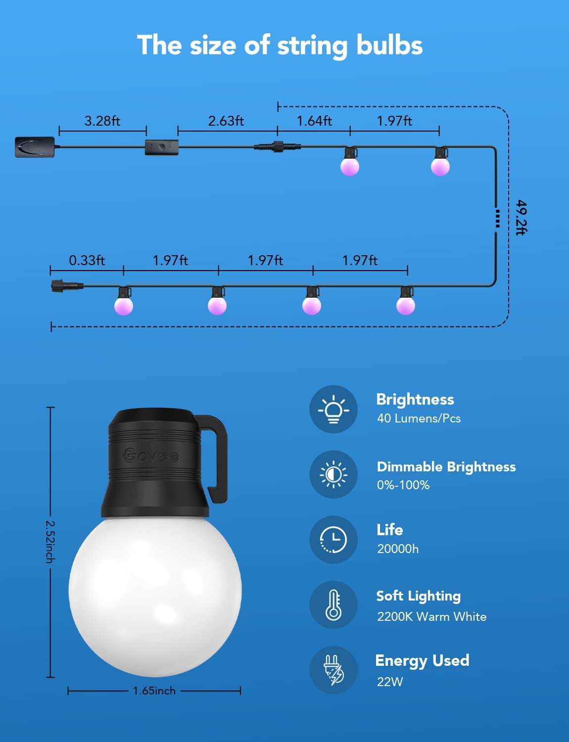 DiDiBest Outdoor String Lights, 50ft G40 RGBIC Warm White String Lights with 25 Dimmable LED Bulbs, IP65 Waterproof Outdoor Lights with App Control for Balcony, Garden, Patio, Party