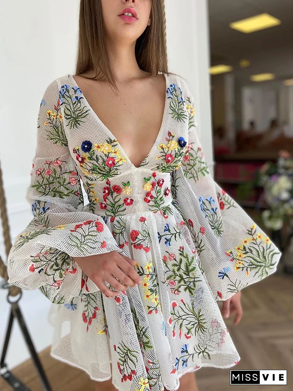 Women's A Line Dress Short Mini Dress Long Sleeve Floral Embroidered Fall Spring Elegant Vintage Lantern Sleeve Mesh White S M L XL