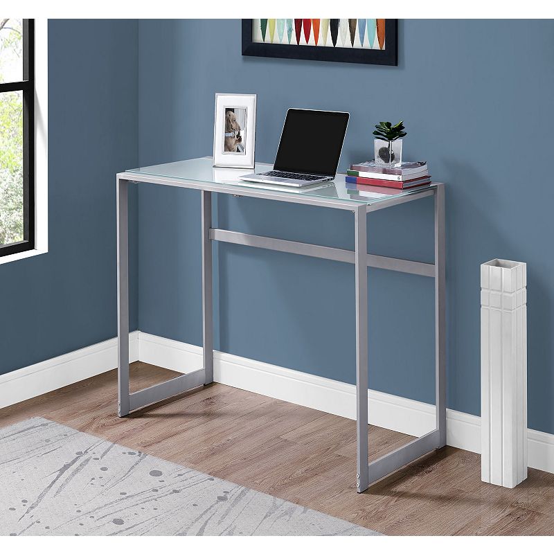 48 Silver and White Contemporary Rectangular Computer Desk with Tempered Glass