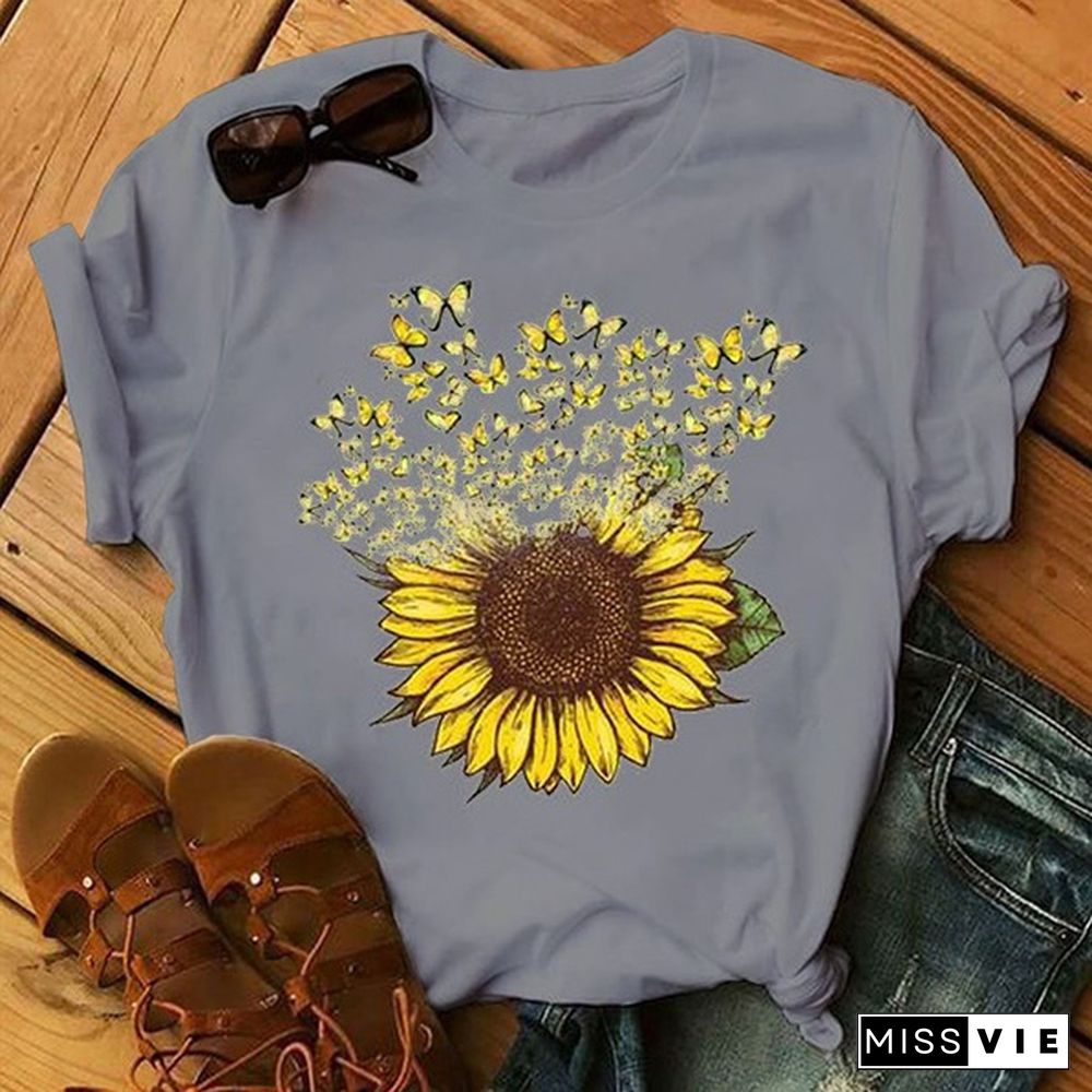 New Fashion Butterfly Sunflower Printed T-shirt for Women Graphic Tee Shirt Ladies Summer Casual Short Sleeve Tee Tops Clothes