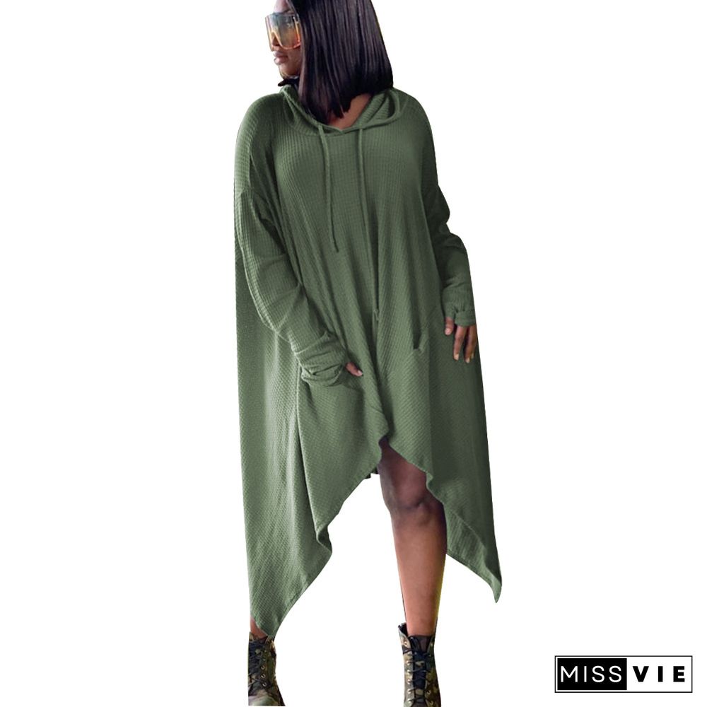 Solid Long Sleeve Loose Irregular Hoodies Midi Dresses