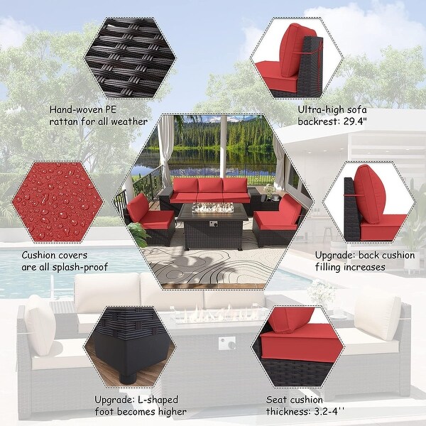 Kullavik 7 Pieces Rattan Outdoor Patio Furniture Sofa Set with Firepit