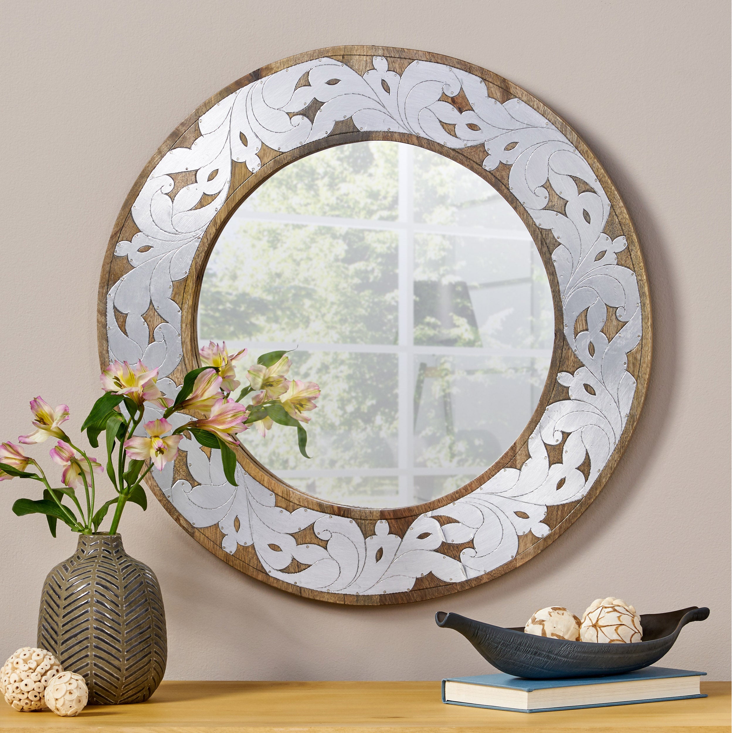 Danyella Mango Wood Aluminum Fitted Round Mirror